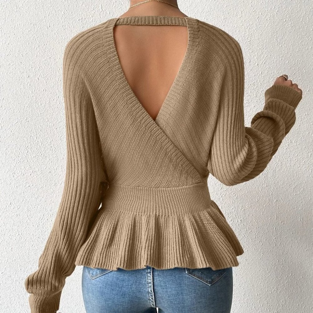 Khaki Preppy Womens Peplum Sweater - Picture 3 of 5